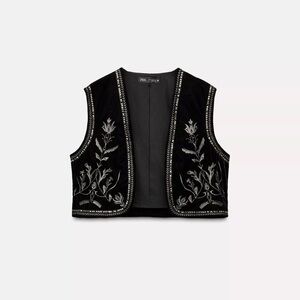 Zara Embroidered Black Velvet Vest with Silver Embroidery